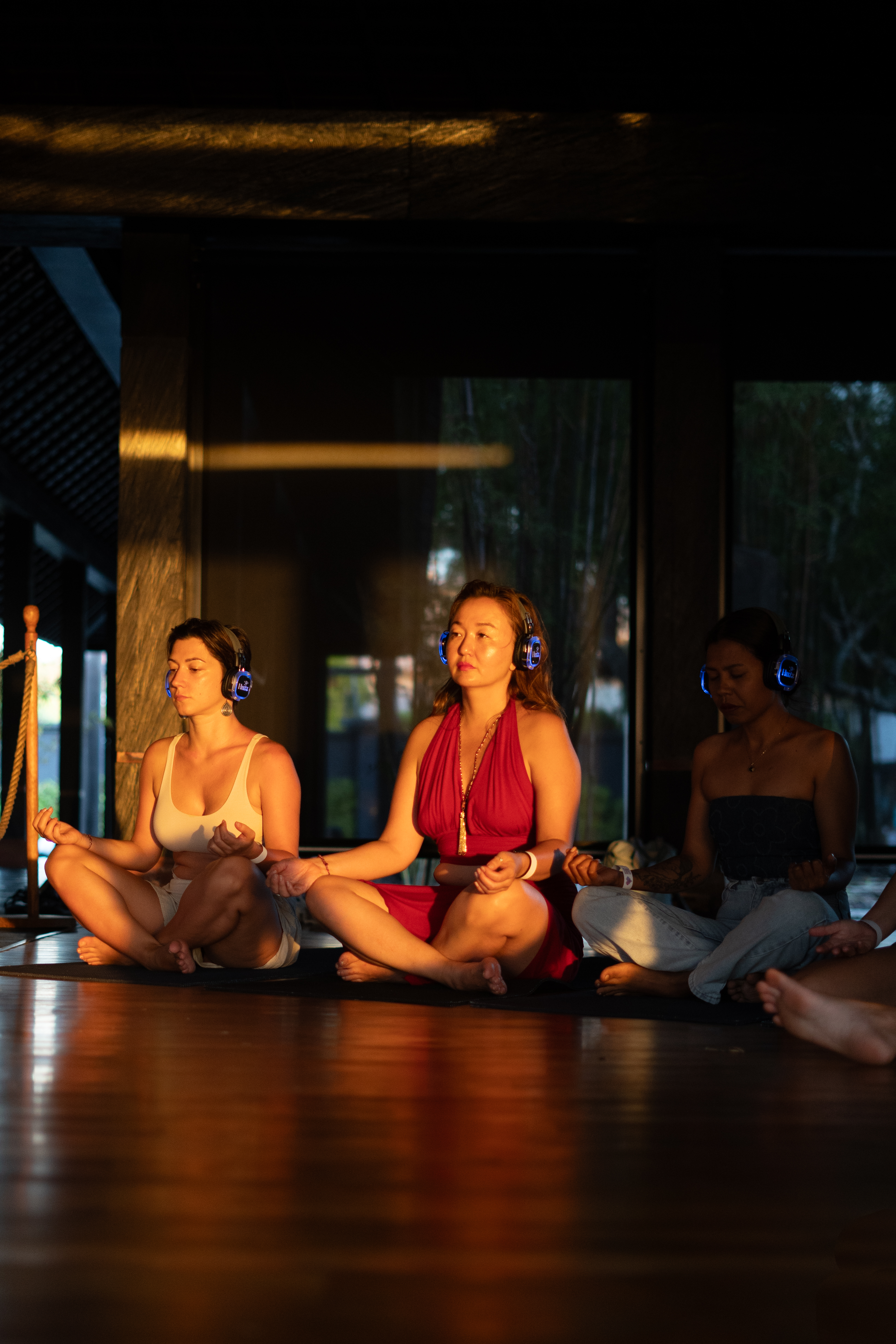 Group breathwork meditation with headphones